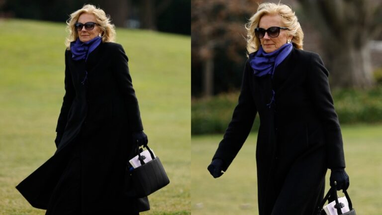 jill biden black coat blue scarf fi